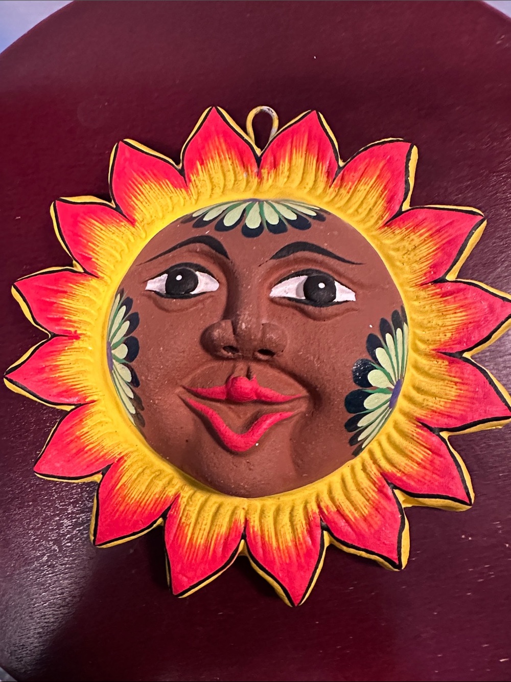 Hand-Painted Terracotta Sun Face Wall Hanging - Vibrant Yellow & Orange